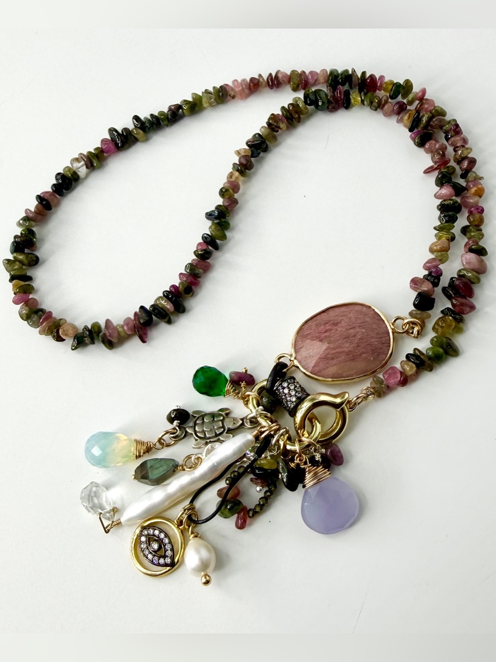 Tourmaline Charm Necklace, Mixed Gemstone Charm Necklace, Unique Jewelry